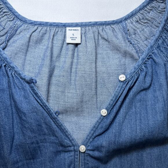 Old Navy Womens Top Size L Blue Chambray Henley Pintuck Detail Peasant Boho EUC - Picture 2 of 12